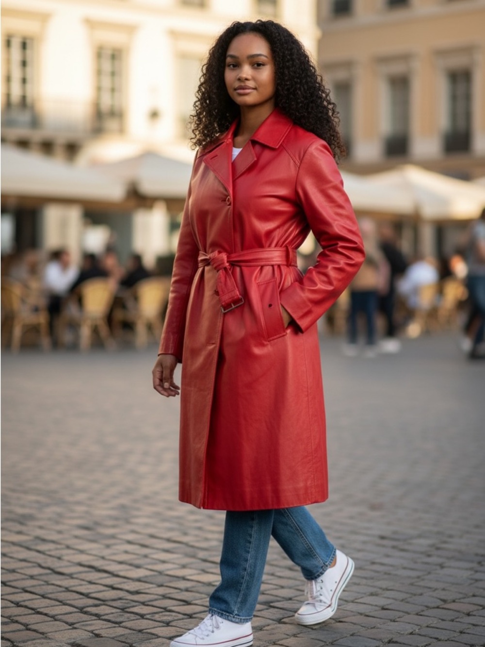 Worthington Red Leather Trench Coat with Waist Tie - Picture 2 of 4
